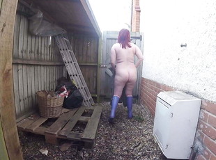 Flashing Outdoors in the Yard in Wellingtons